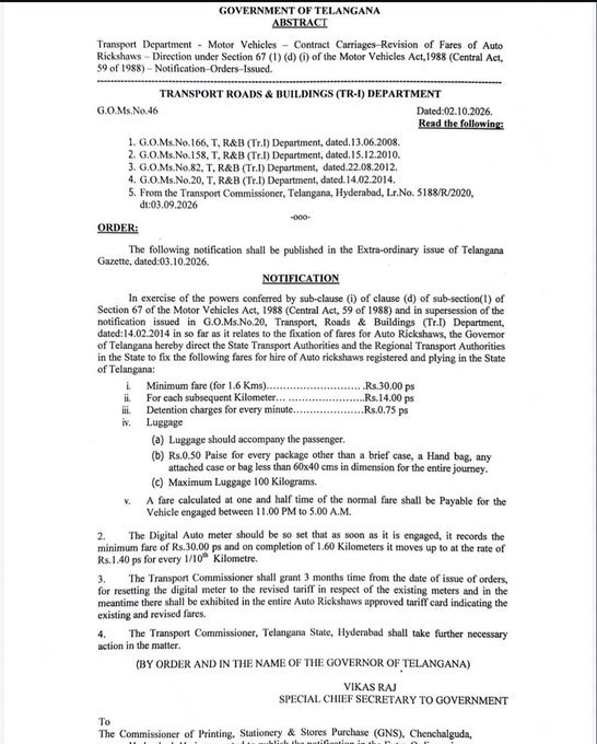 Telangana Auto Fare Hike Transport Department Official Order